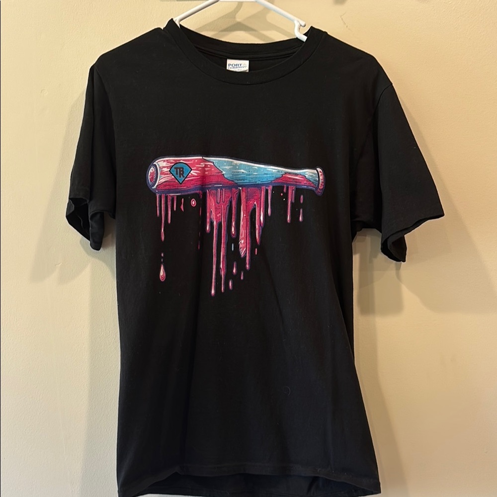 Black Graphic T-Shirt with Dripping Bat Design
